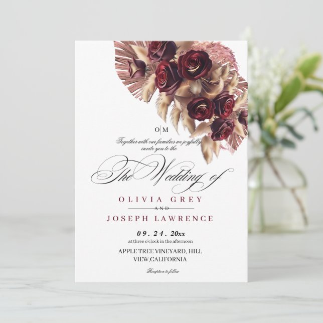 Elegant Boho Burgundy Gold Rose Floral Wedding Invitation (Standing Front)