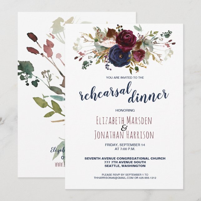 Elegant Boho Burgundy Navy Floral Rehearsal Dinner Invitation (Front/Back)