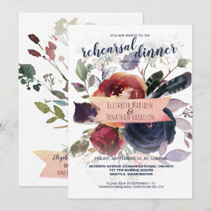 Elegant Boho Burgundy Navy Floral Rehearsal Dinner Invitation