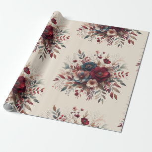 Elegant Boho Burgundy Rustic Blue and Red Pattern Wrapping Paper