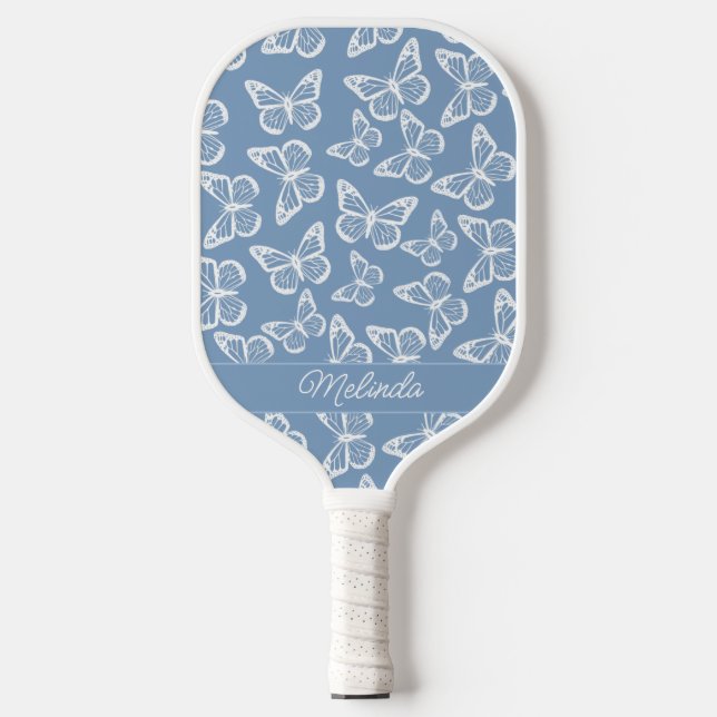   Elegant Boho Butterfly Powder Blue Add Your Name Pickleball Paddle (Front)