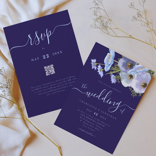 Elegant Boho Chic Floral Blue Wedding QR Code Invitation (Boho chic wildflower watercolor floral bouquet blue wedding qr code invitation )