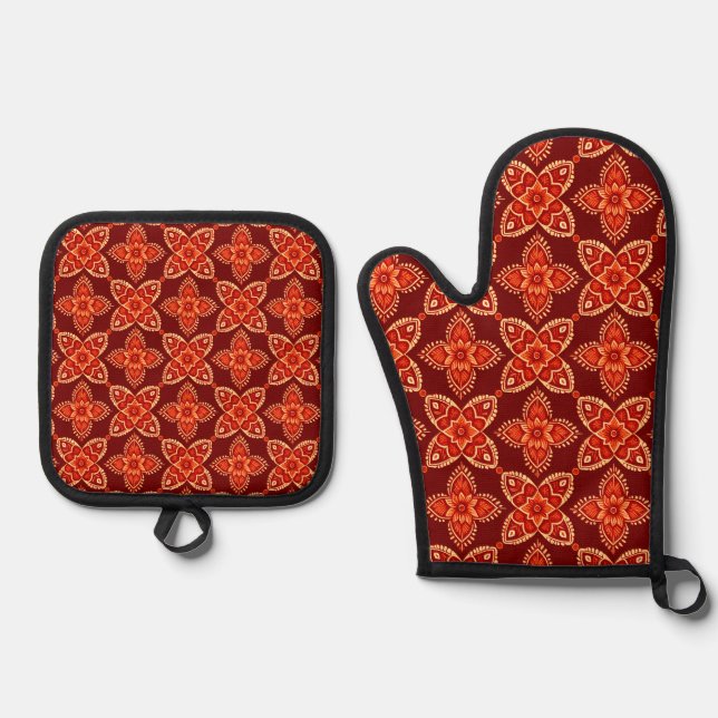 Elegant Boho Chic Floral Pattern Oven Mitt & Pot Holder Set (Front)