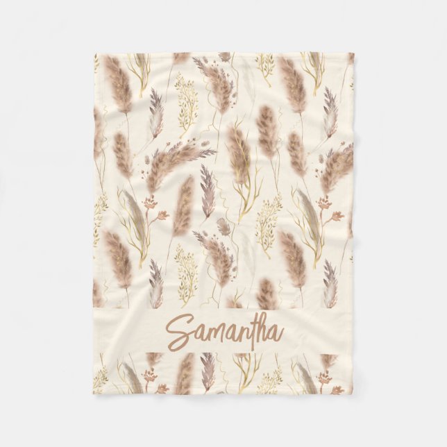 Elegant Boho Chic Pampas Grass Pattern Beige Cream Fleece Blanket (Front)
