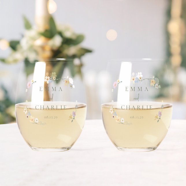 Elegant Boho Chic Pastel Flowers Wedding Stemless Wine Glass (Insitu (Wedding))
