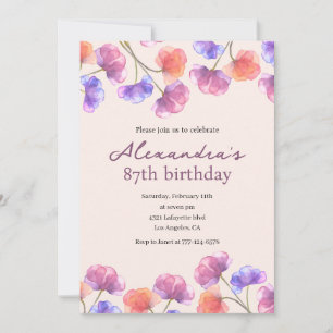 Elegant Boho Chic Watercolor Floral 87th birthday Invitation