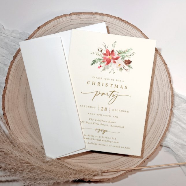 Elegant Boho Christmas Party Invitation Cream Gold (Boho Christmas party invitations - elegant cream poinsettia)