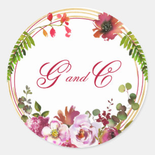 Elegant Boho Coral Floral Monogram Wedding Classic Round Sticker