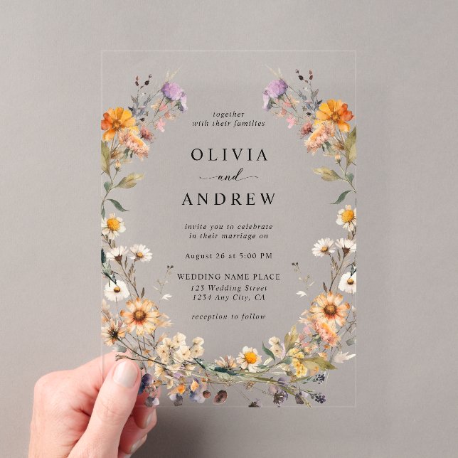 Elegant Boho Country Wildflowers Botanical Wedding Acrylic Invitations (Insitu (Handheld))