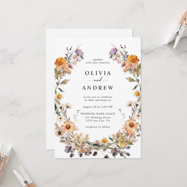 Elegant Boho Country Wildflowers Botanical Wedding Invitation (Front/Back In Situ)