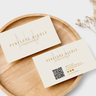 Elegant Boho Cream QR Code Modern Trendy Unique Business Card