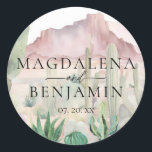 Elegant Boho Desert Landscape Cactus Wedding Classic Round Sticker<br><div class="desc">Modern and elegant bohemian wedding design on the background of a watercolor Southwestern desert landscape with cacti,  in neutral,  earthy muted tones of pinks,  beiges,  and greens.</div>