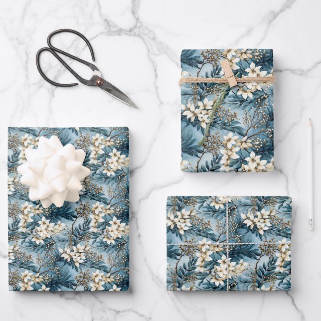 Elegant boho dusty blue and ivory winter flowers  wrapping paper sheet (Front)