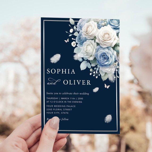 Elegant Boho Dusty Blue Floral Elegant Wedding  Invitation (Creator Uploaded)