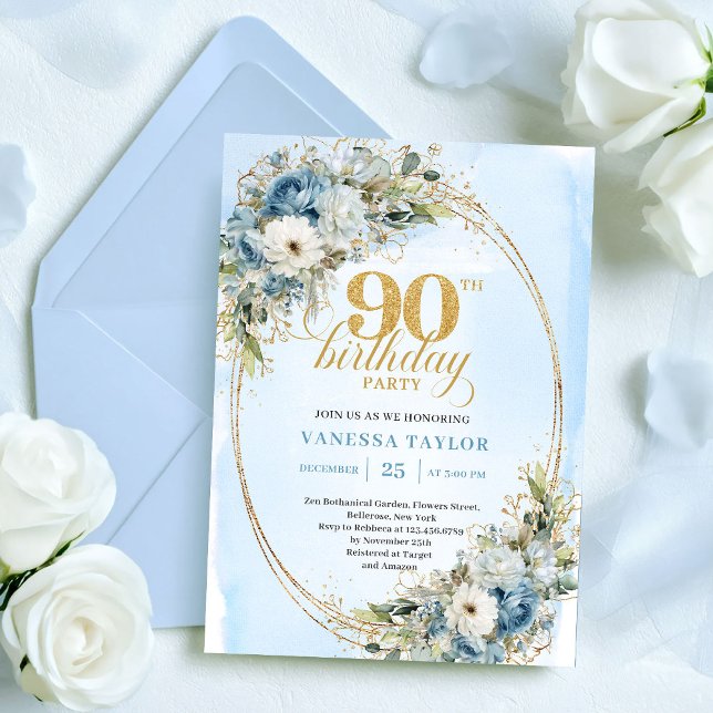 Elegant Boho Dusty Blue Floral Gold 90th Birthday Invitation (Elegant Boho Dusty Blue Floral Gold 90th Birthday Invitation)