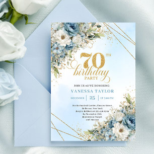 Elegant boho dusty blue florals gold frame 70th invitation