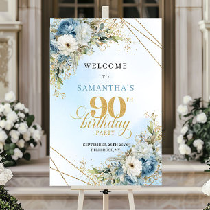 Elegant Boho dusty blue gold 90th birthday welcome Poster