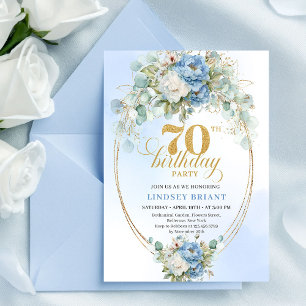 Elegant Boho Dusty Blue Peonies 70th Birthday Invitation
