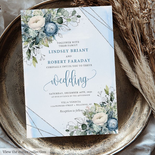 Elegant Boho Dusty Blue Silver Flowers Wedding  Invitation (Elegant Boho Dusty Blue Silver Flowers Wedding Invitation)