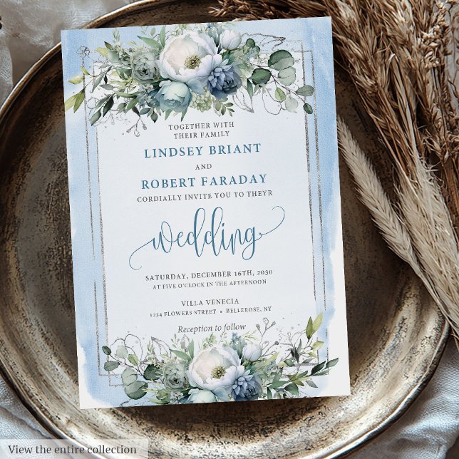 Elegant Boho Dusty Blue White Silver Peonies Roses Invitation (Elegant Boho Dusty Blue White Silver Peonies Wedding Invitation)