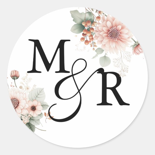 Elegant Boho dusty pink wedding monogram Classic Round Sticker (Front)