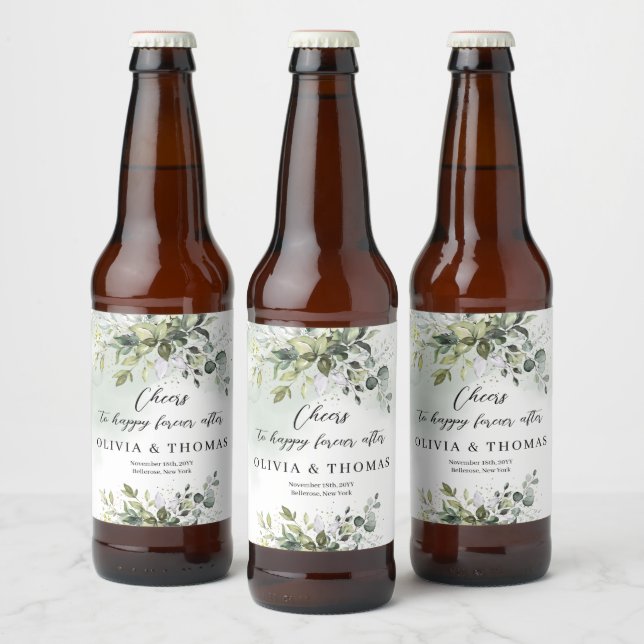 Elegant boho eucalyptus greenery gold frame beer bottle label (Bottles)