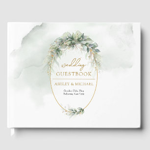 Elegant boho eucalyptus greenery gold frame guest book