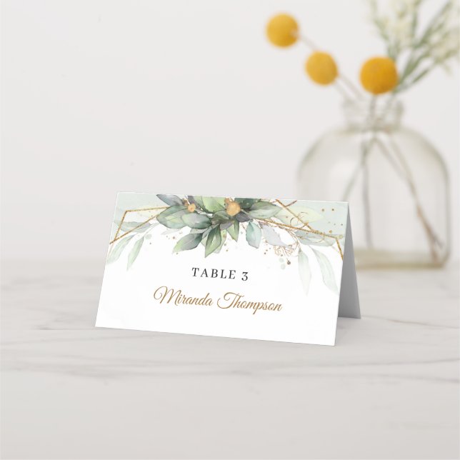 Elegant boho eucalyptus greenery gold frame place card (Front)