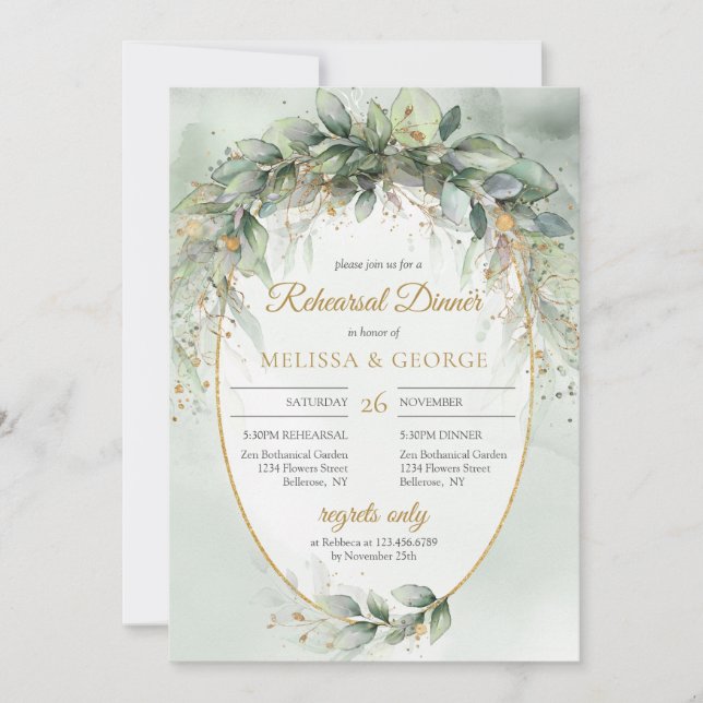Elegant boho eucalyptus greenery gold rehearsal invitation (Front)