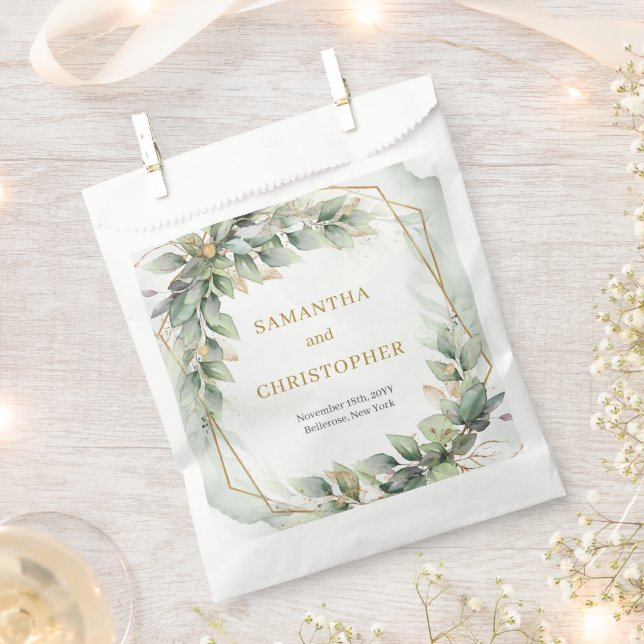 Elegant boho eucalyptus greenery gold wedding favour bag (Clipped)