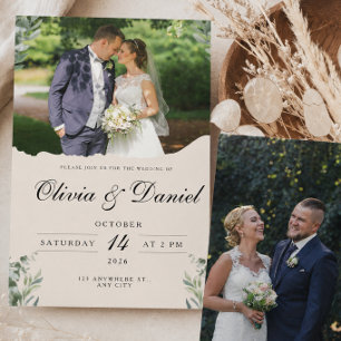 Elegant Boho Eucalyptus Leaves & Photo Wedding Invitation
