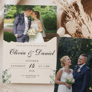 Elegant Boho Eucalyptus Leaves & Photo Wedding Invitation