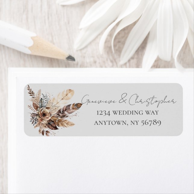 Elegant Boho Feather Watercolor Wedding Address   (Insitu)