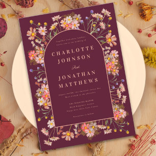 Elegant Boho Floral Arch Burgundy Fall Wedding Invitation