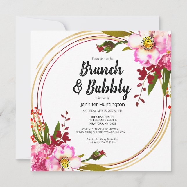Elegant Boho Floral Berry Pink Gold Bridal Shower Invitation (Front)