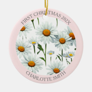 Elegant Boho Floral Blush Pink First Christmas Ceramic Ornament