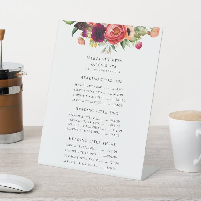 Elegant Boho Floral Business Service/Pricing Pedestal Sign (In SItu)