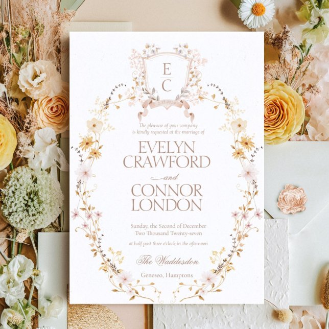 Elegant Boho Floral Crest Wedding Invitation (Creator Uploaded)