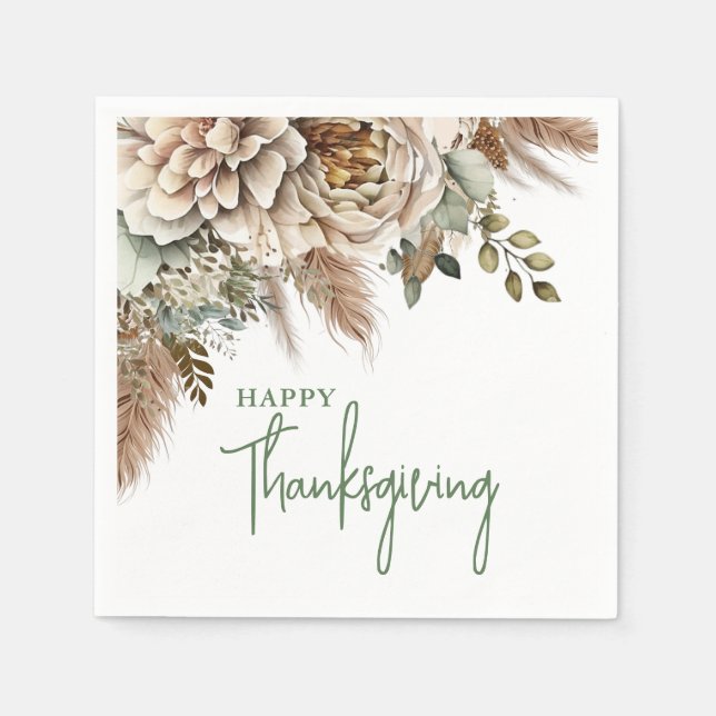  Elegant Boho Floral Happy Thanksgiving Napkin (Front)