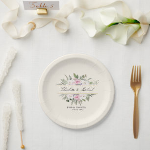 Elegant Boho Floral Monogram Bridal Shower Paper Plate