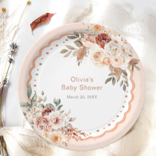 Elegant Boho Floral Neutral Baby Shower Paper Plate