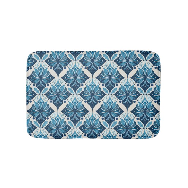 Elegant Boho Floral Pattern in Blue Bath Mat (Front)