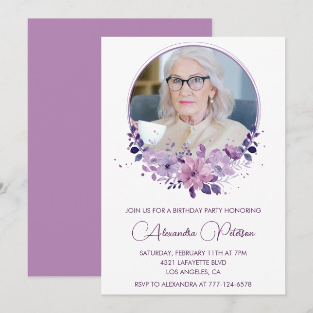 Elegant Boho Floral Photo 96th birthday Invitation (Front/Back)