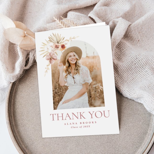 Elegant Boho Floral | Photo Graduation Thank You Card (Creator Uploaded)