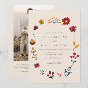 Elegant Boho Floral QR Code Photo Wedding Invitation