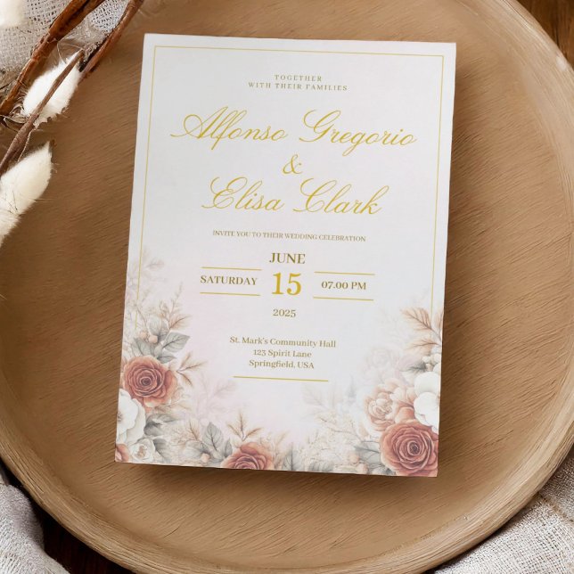 Elegant Boho Floral Rose Pink Modern Wedding  Invitation (Creator Uploaded)