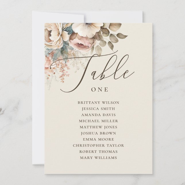 Elegant boho floral script wedding seating chart invitation (Front)