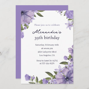 Elegant Boho Floral Watercolor 39th birthday Invitation