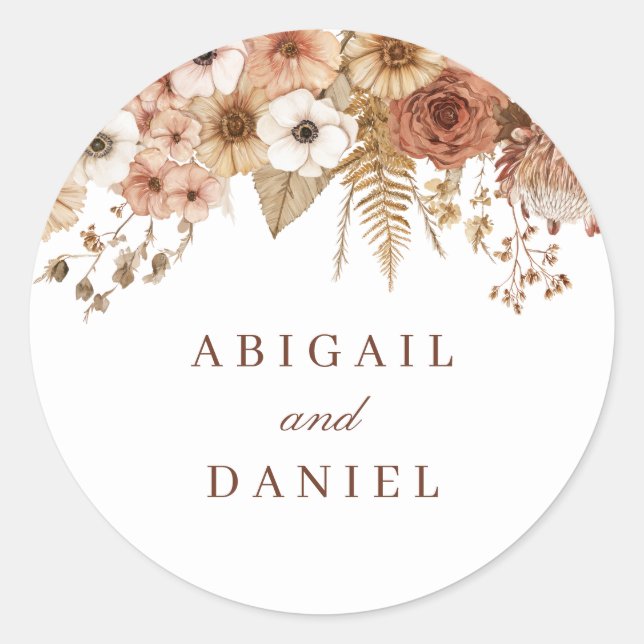 Elegant Boho Floral Wedding  Classic Round Sticker (Front)
