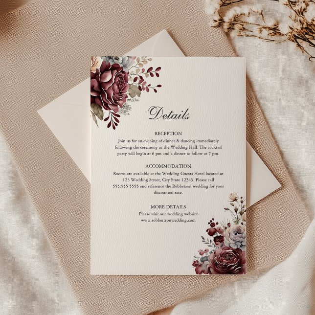 Elegant Boho Floral Wedding Details Card (Elegant Boho Floral Wedding Details Card on an elegant wedding table.)